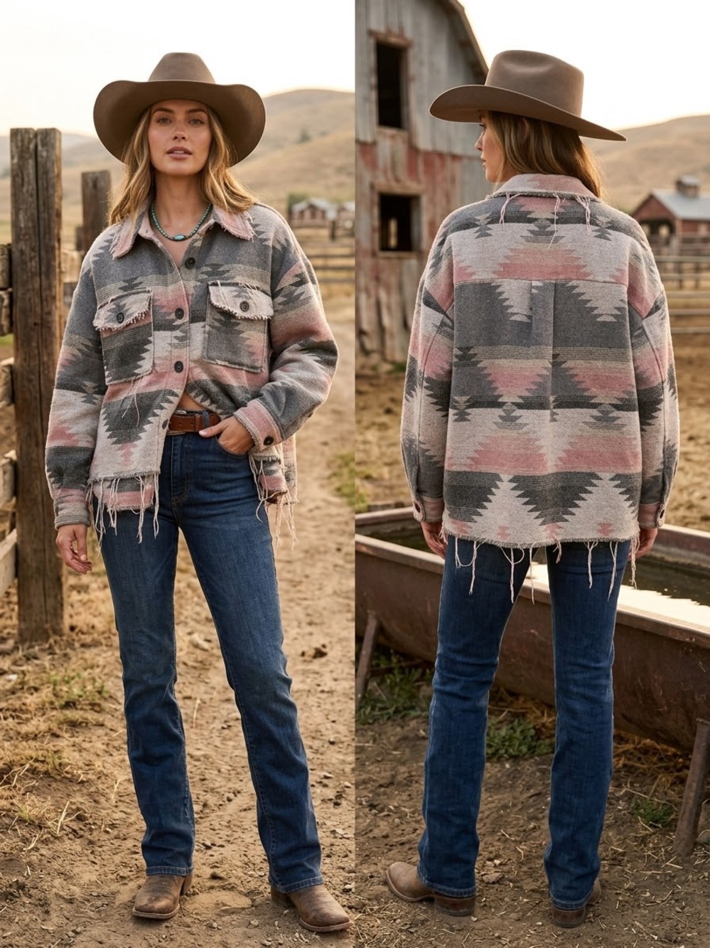 LA MIEL Southwest Aztec Print Frayed Women’s Shacket in Gray and Pink SZ M